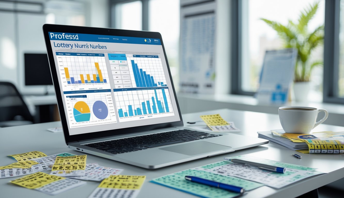 Meja kerja dengan laptop menampilkan grafik, buku catatan dengan tulisan dan tiket togel, suasana kantor terang dan rapi.