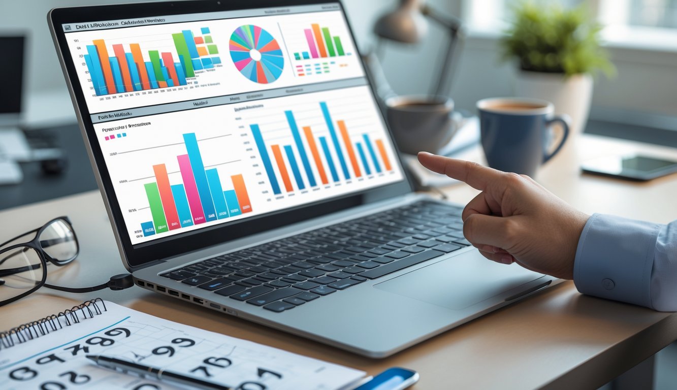 Meja kerja dengan laptop yang menampilkan grafik dan tangan menunjuk ke layar, dilengkapi dengan catatan angka di atas meja.