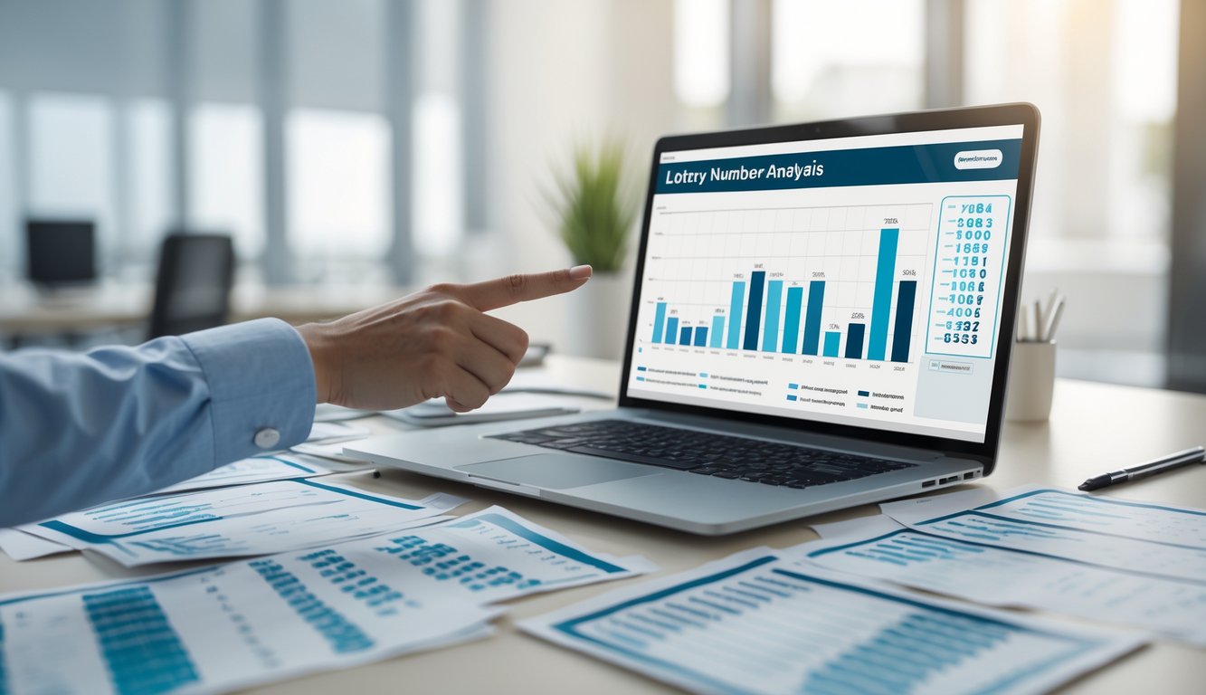 Meja kerja dengan laptop menampilkan grafik analisis angka dan tangan menunjuk layar di sebuah kantor modern.