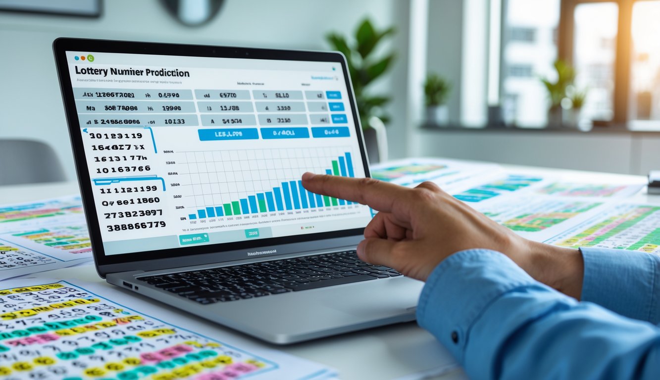 Sebuah ruang kerja modern dengan laptop yang menampilkan grafik dan data angka togel, tangan seseorang menunjuk layar, dan beberapa lembar kertas dengan angka-angka di atas meja.