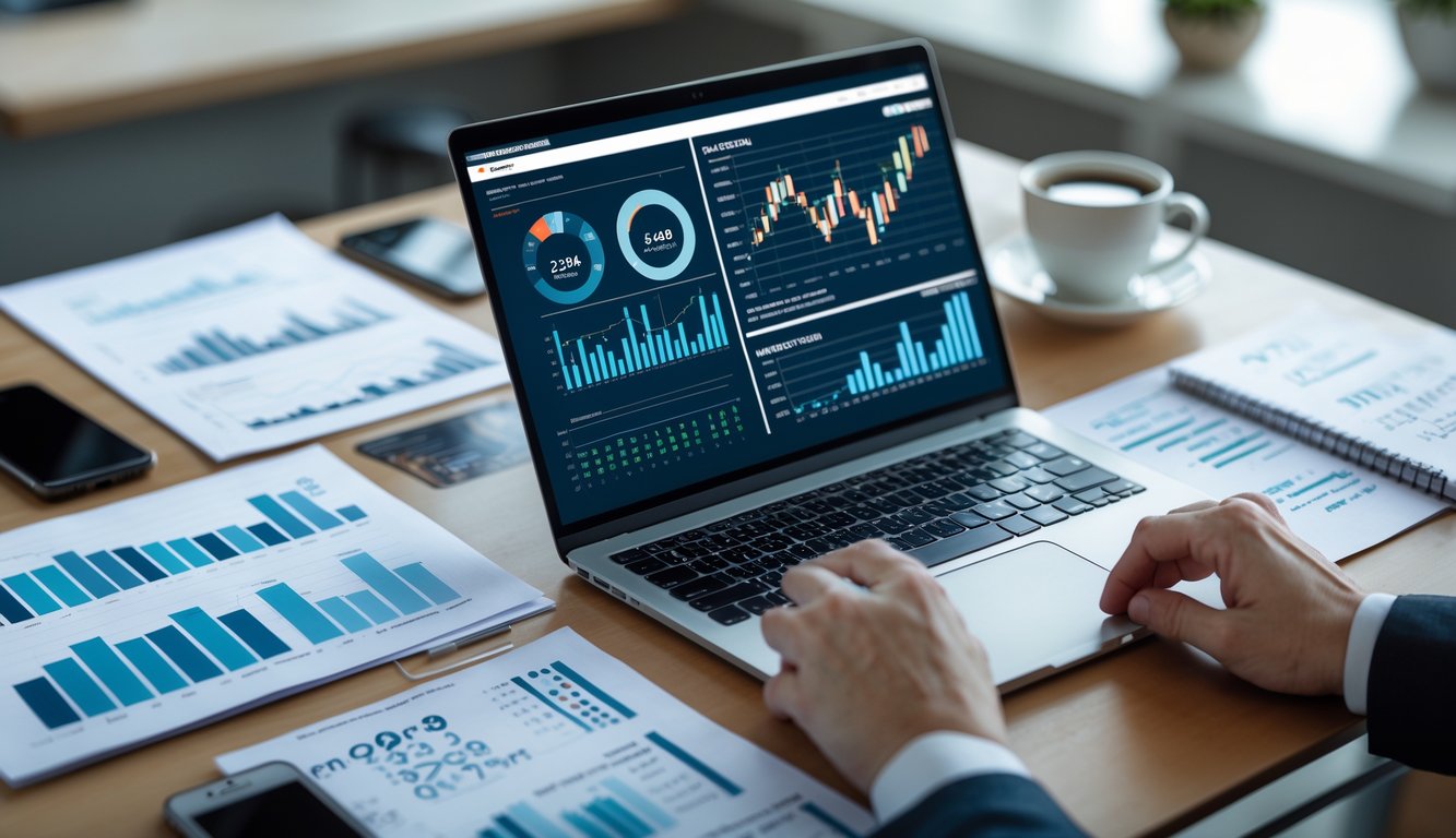 Meja kerja dengan laptop yang menampilkan grafik dan data statistik, dilengkapi dengan catatan dan alat tulis, menunjukkan suasana analisis data prediksi togel.