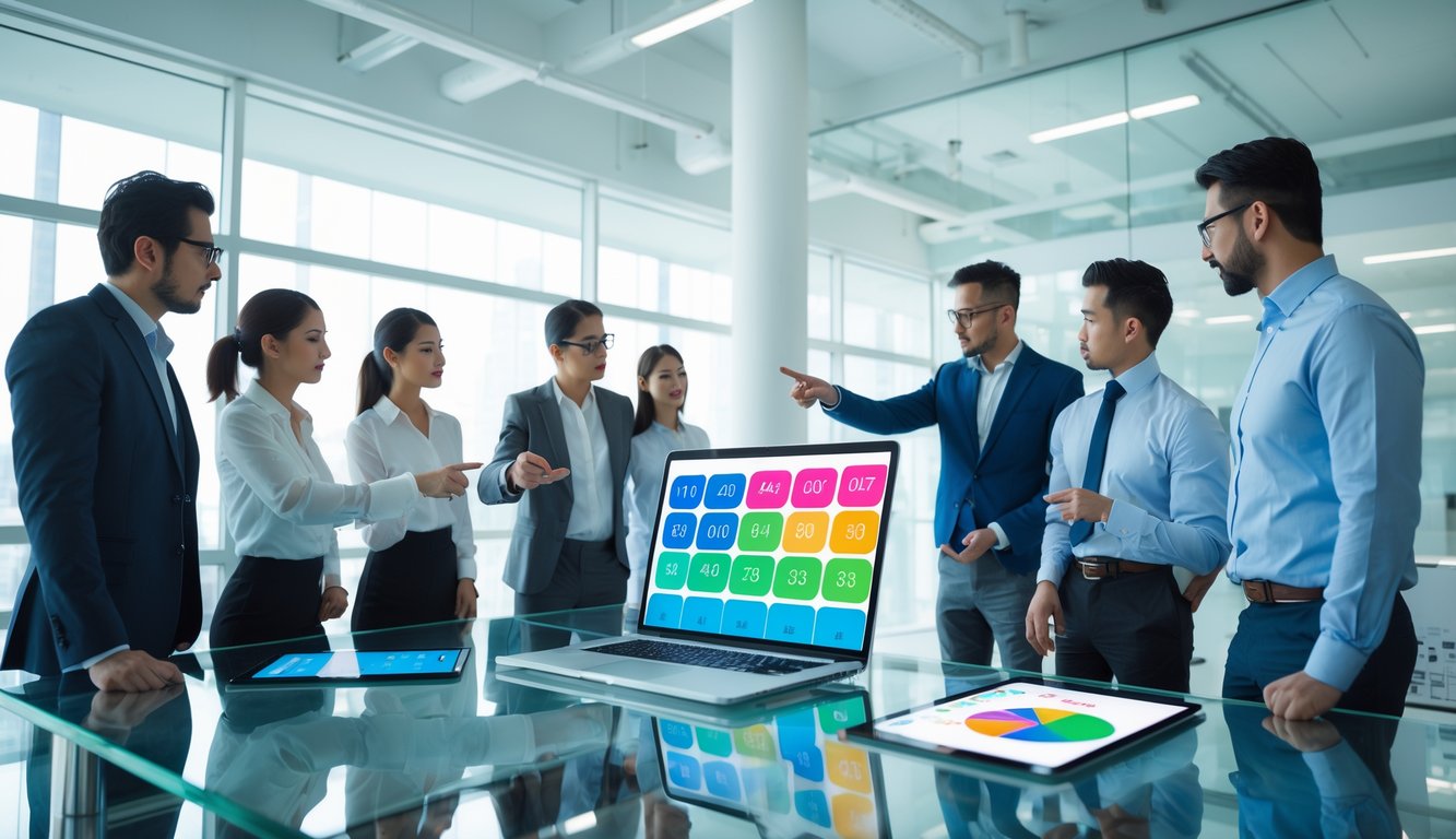 Sekelompok profesional sedang menganalisis data angka togel yang sering muncul di kantor modern.