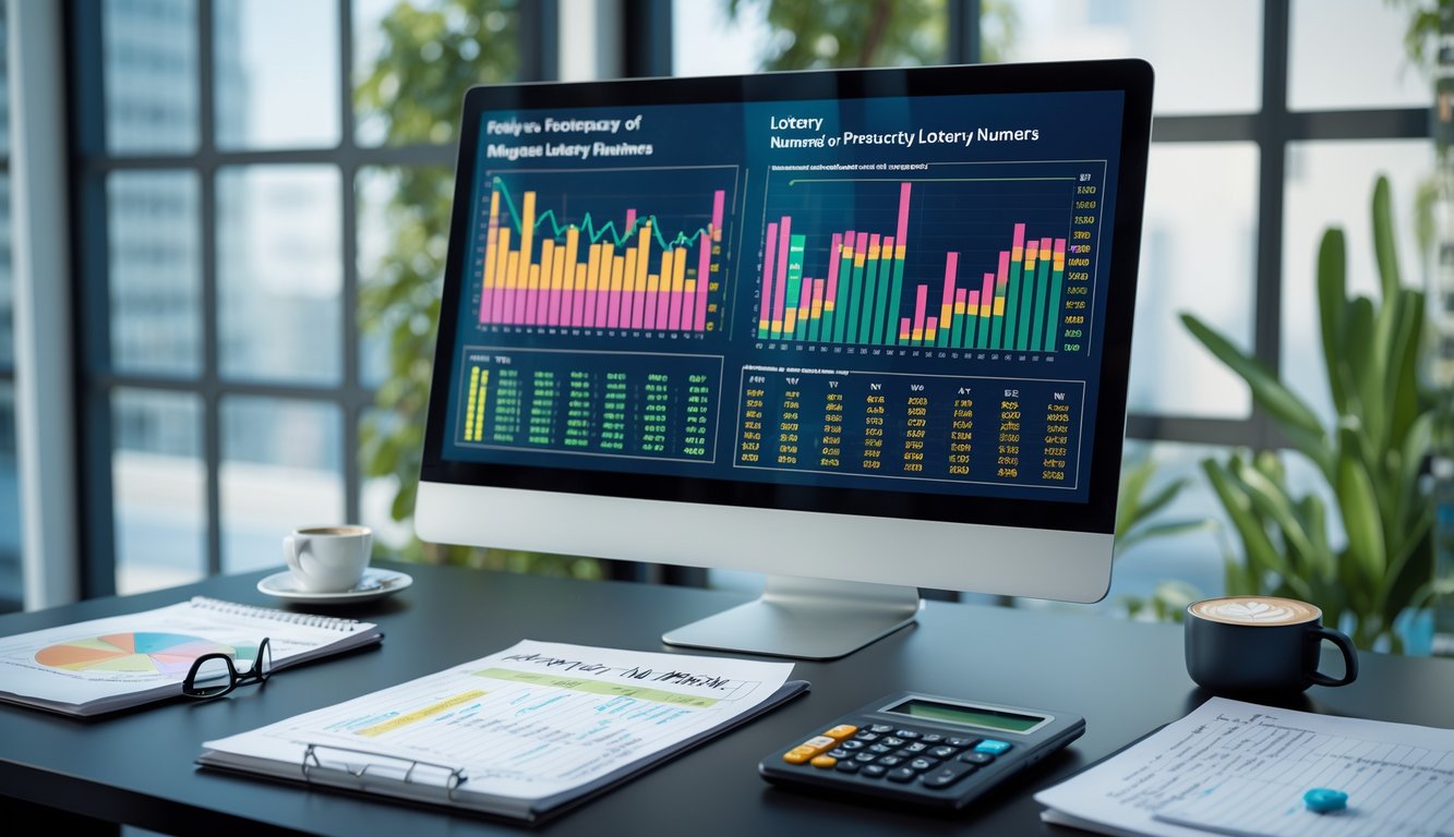 Sebuah meja kerja modern dengan komputer menampilkan grafik dan data statistik angka togel, dilengkapi dengan kalkulator, catatan, dan alat tulis di sekitarnya.