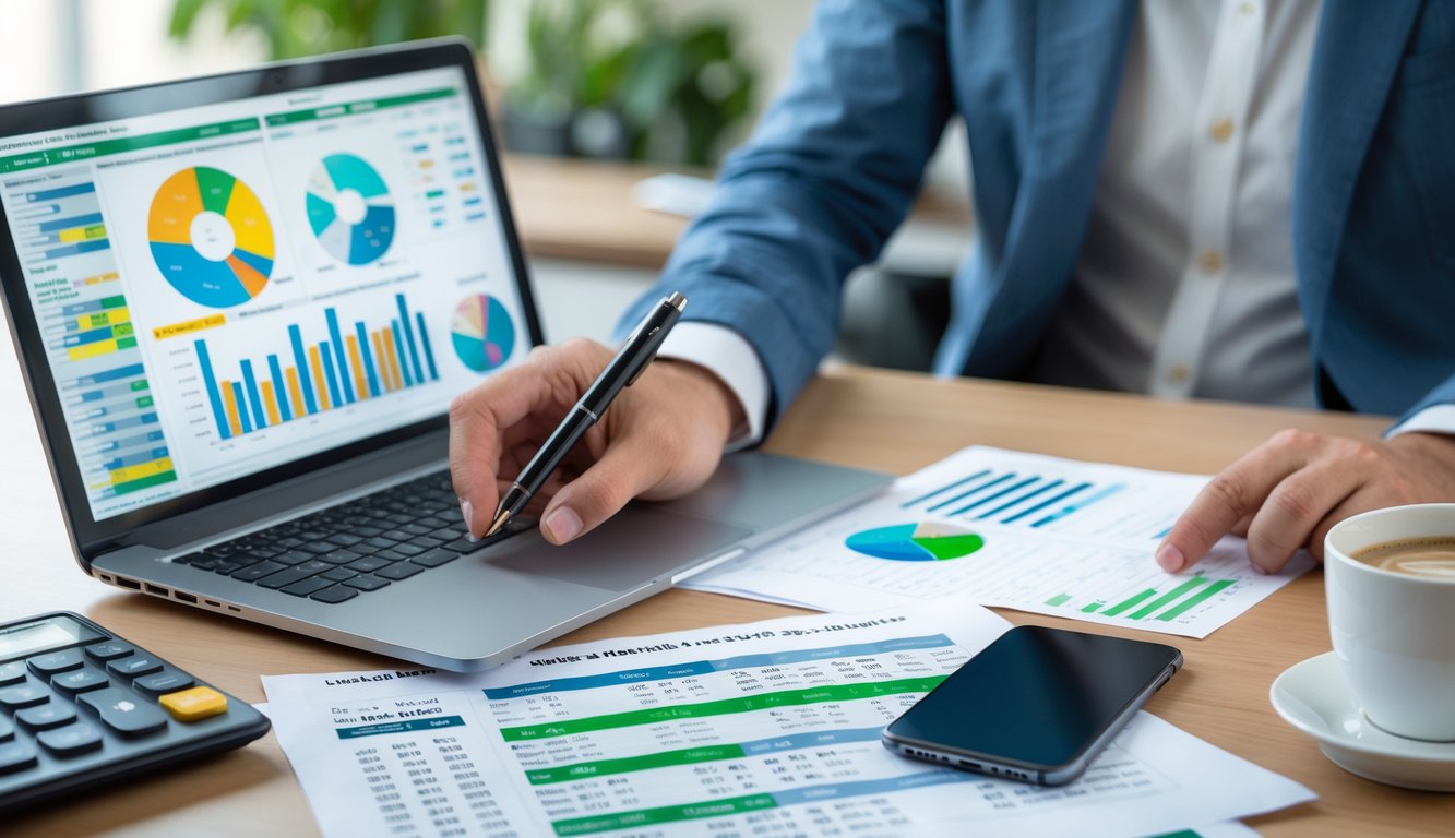 Meja kerja dengan laptop yang menampilkan grafik dan tabel angka, tangan memegang pena di atas kertas berisi data, serta alat kerja seperti kalkulator dan ponsel di sekitar meja.