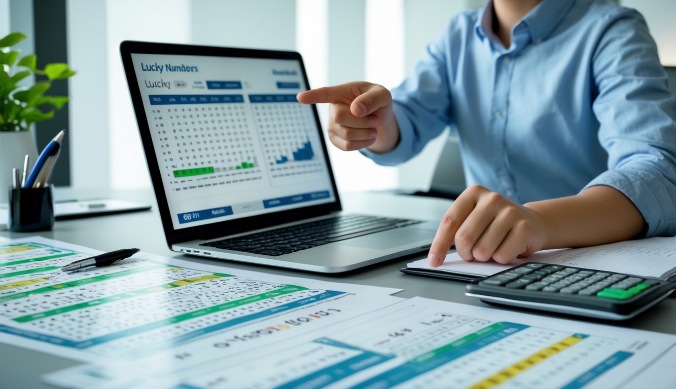 Seseorang sedang menganalisis data angka togel terbaru di meja kerja dengan laptop dan beberapa grafik angka.