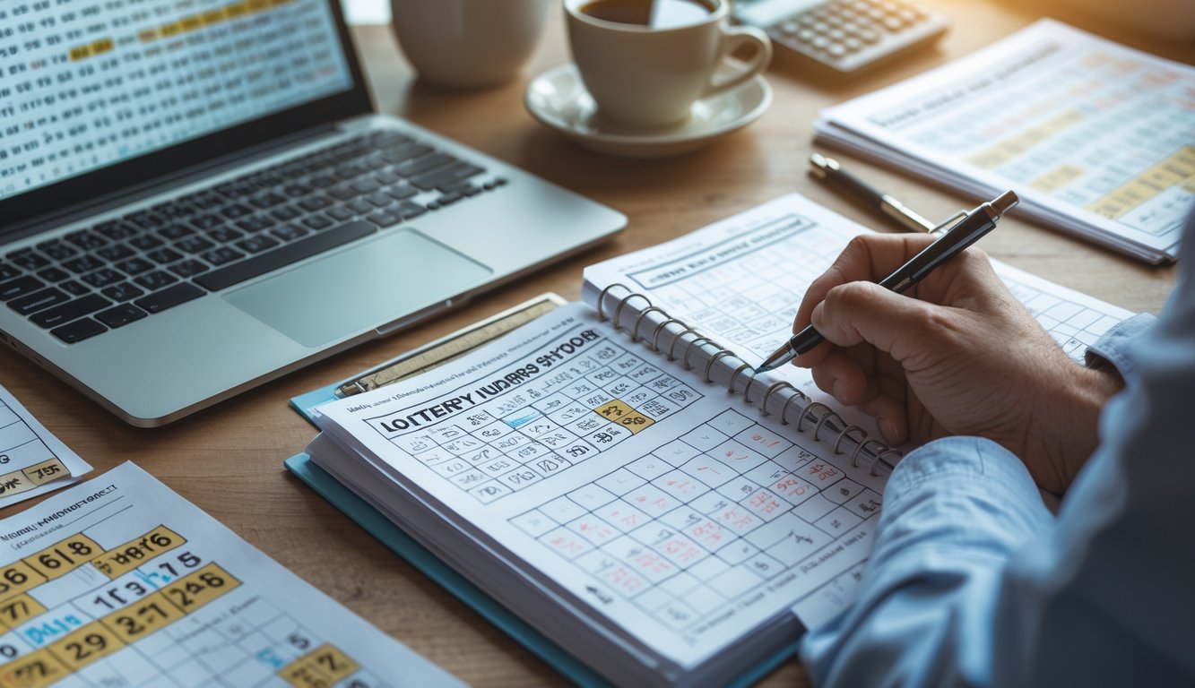 Seseorang sedang menganalisis angka togel dengan laptop, buku catatan, dan kalkulator di meja kerja.