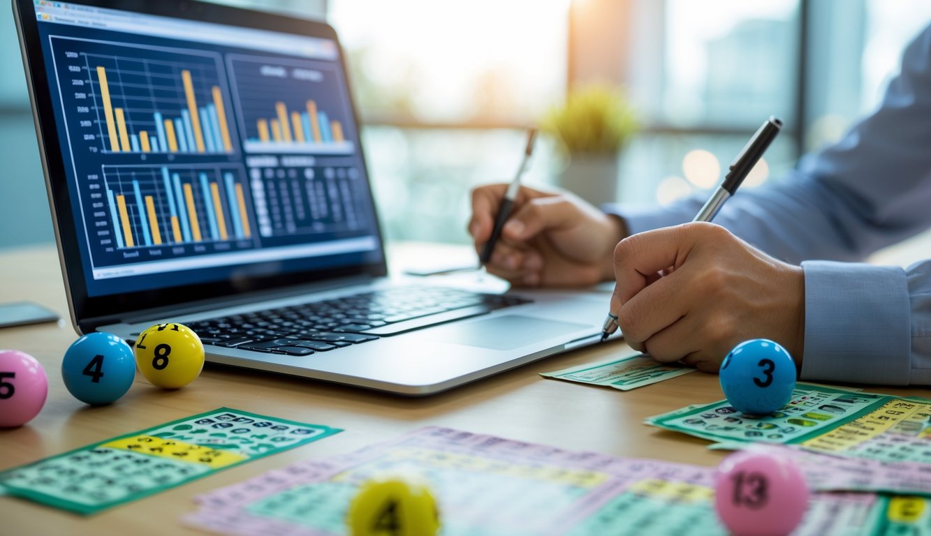 Sebuah meja kerja dengan laptop, catatan, dan bola bernomor untuk analisis prediksi angka togel.