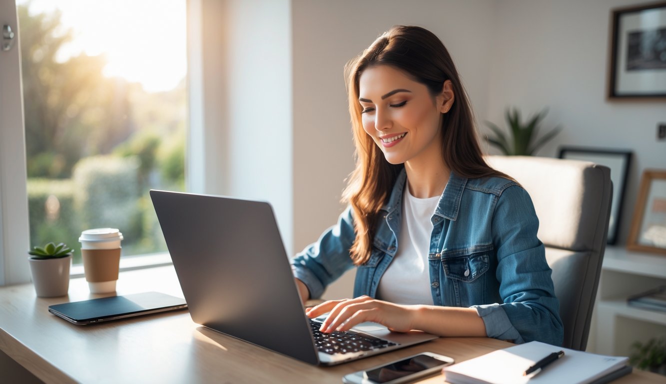 Seorang wanita muda duduk di meja kerja di rumah sambil bermain permainan slot online di laptop dengan ekspresi santai dan fokus.