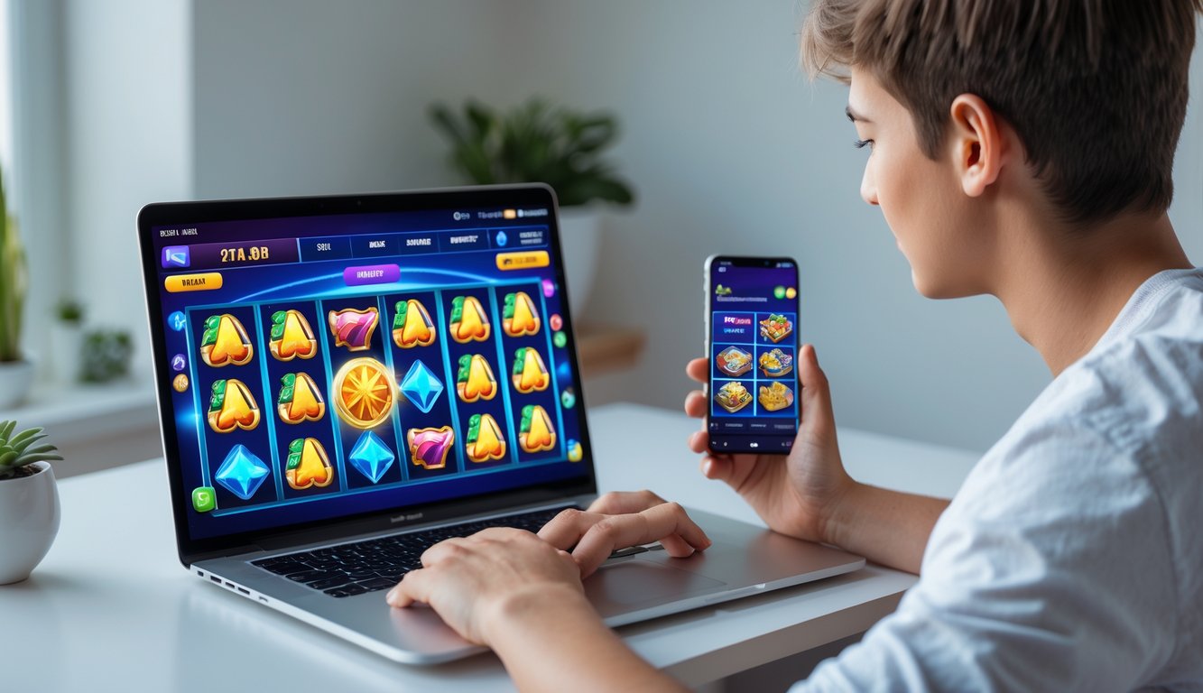 Seorang pemula sedang bermain judi slot online menggunakan laptop dan smartphone di meja yang rapi.