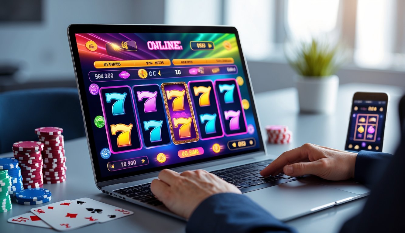 Seorang pengguna sedang bermain permainan slot online di komputer dengan latar meja kerja yang rapi dan beberapa chip poker serta kartu bermain di sekitar.