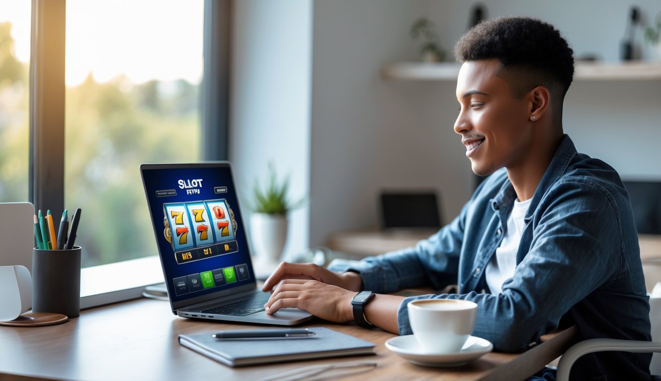 Seseorang duduk di meja dengan laptop, fokus bermain permainan slot online di ruangan yang terang dan nyaman.