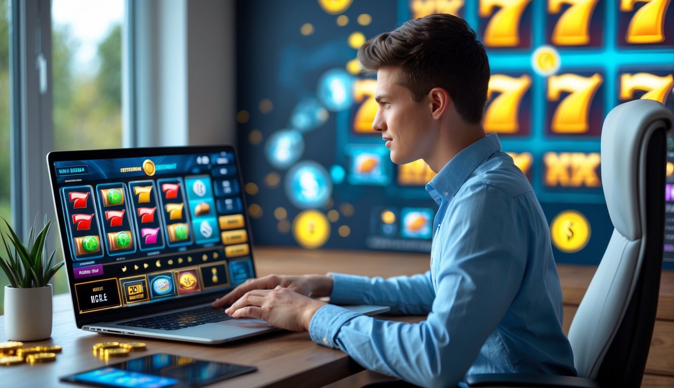 Seorang dewasa muda duduk di depan laptop dengan tampilan permainan slot online, di ruang kerja yang rapi dan terang.