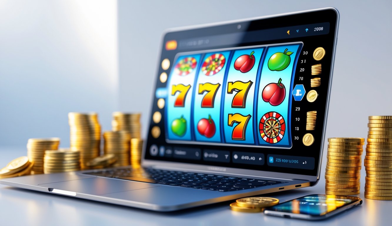 Seorang pengguna sedang bermain permainan slot online di komputer dengan tumpukan chip kasino dan koin emas di sekitarnya.