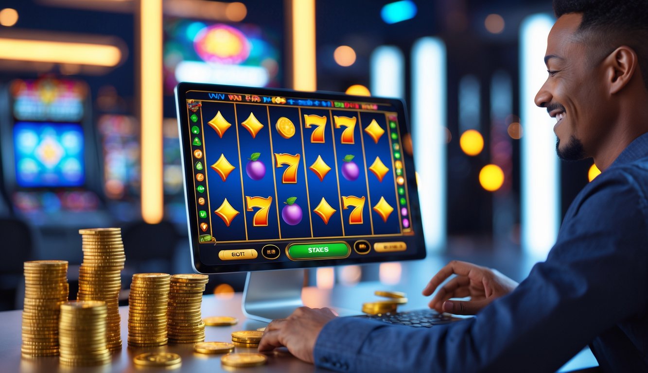Seorang pria tersenyum di depan komputer yang menampilkan permainan slot online dengan simbol warna-warni dan tumpukan chip kasino di sekitarnya.