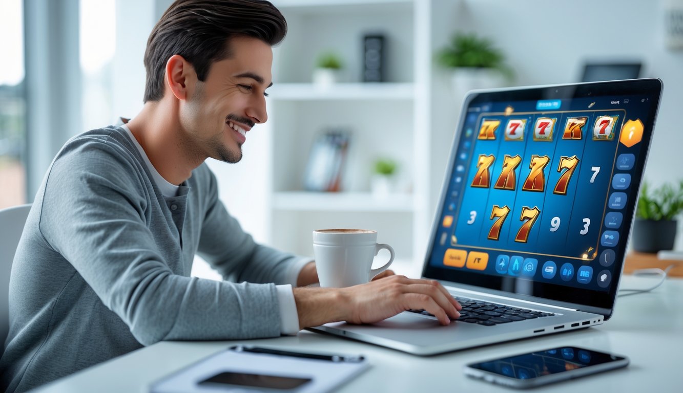 Seorang pria muda duduk di meja dengan laptop, fokus bermain permainan slot online di lingkungan rumah yang rapi dan terang.