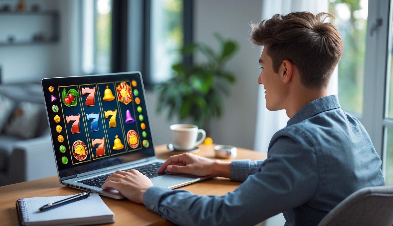 Seorang dewasa muda duduk di meja dengan laptop, bermain permainan slot online dengan suasana nyaman dan fokus.