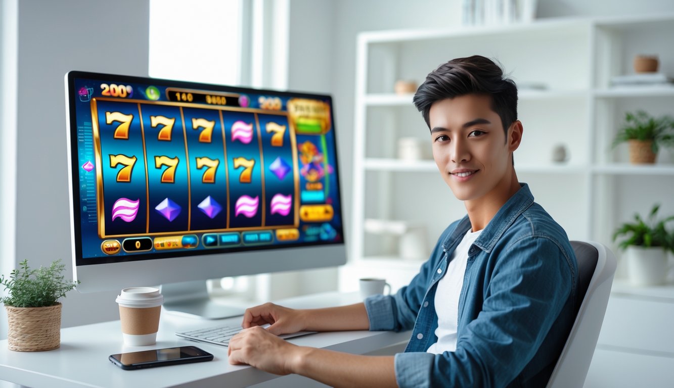 Seorang dewasa muda duduk di meja dengan komputer menampilkan permainan slot online yang berwarna-warni dan suasana yang rapi serta nyaman.