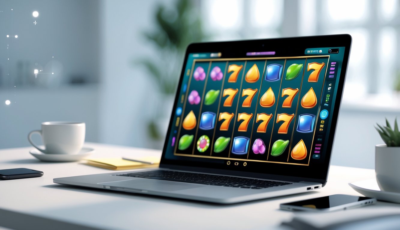 Seorang pengguna sedang bermain permainan slot online di laptop dengan tampilan layar penuh simbol slot yang berwarna-warni di sebuah meja kerja yang rapi.