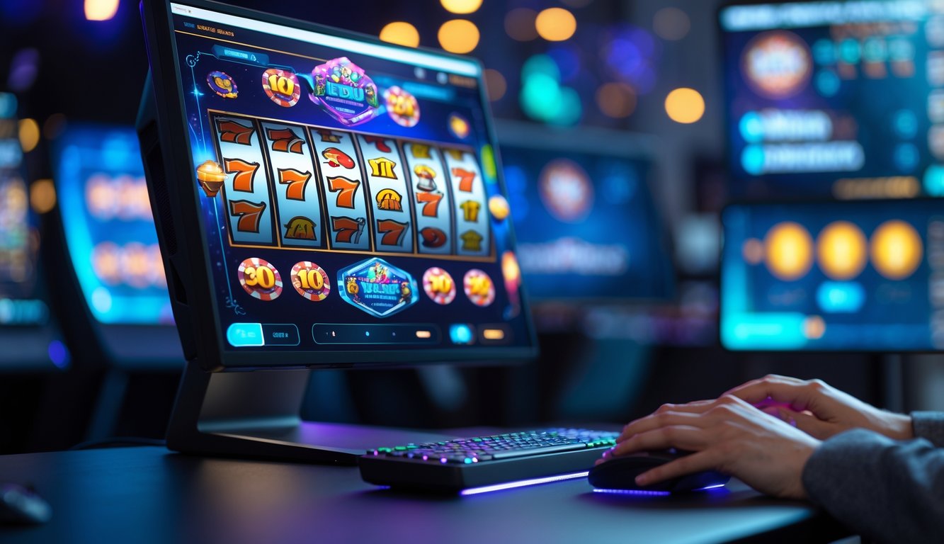 Seseorang sedang bermain permainan slot online di komputer dengan layar menampilkan gulungan slot yang berputar.