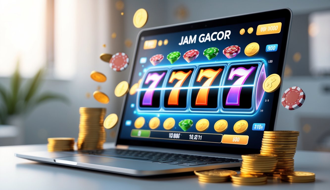 Seorang pengguna komputer dengan layar menampilkan permainan slot online berwarna-warni dan koin emas di sekitar meja.