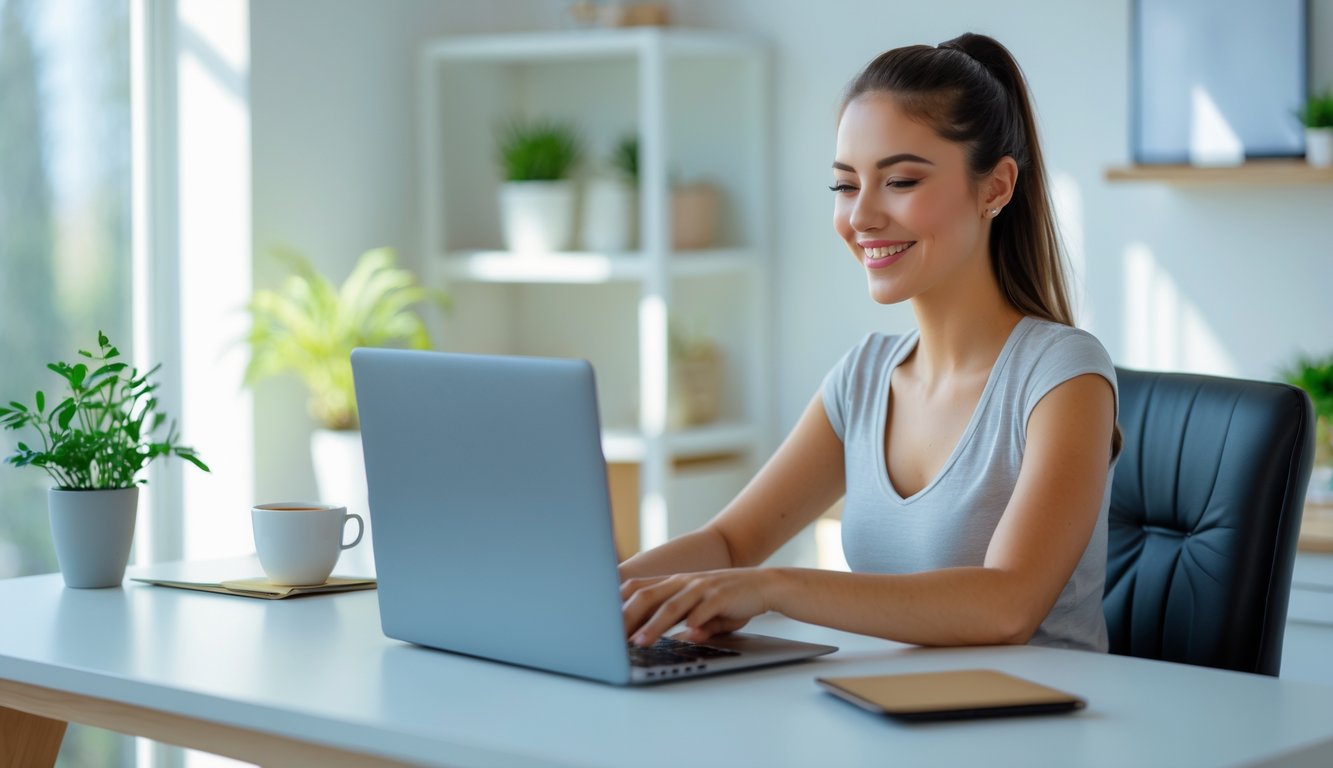 Seorang wanita muda duduk di meja kerja di rumah sambil bermain game slot online di laptop dengan ekspresi percaya diri dan santai.