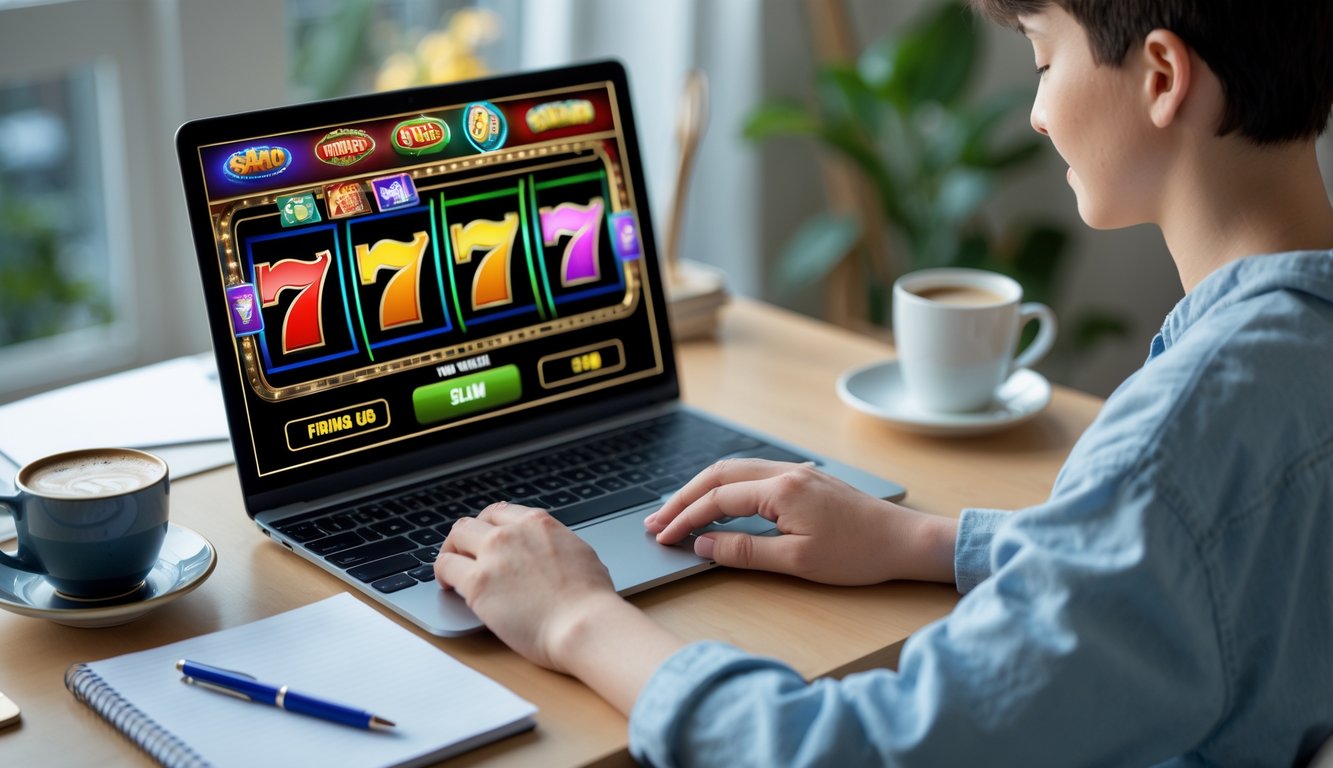Seorang pemain pemula sedang menggunakan laptop untuk bermain slot online di meja kerja yang rapi dengan pencahayaan alami.