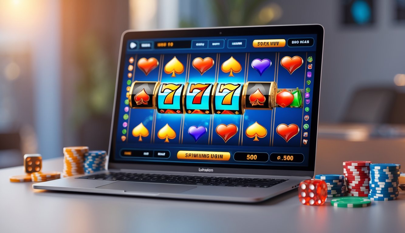 Seorang pengguna sedang bermain permainan slot online di komputer dengan tampilan layar penuh simbol mesin slot yang berwarna-warni.