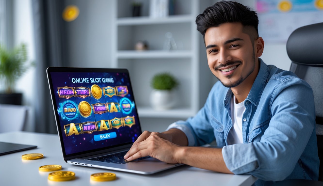 Seorang dewasa muda duduk di meja dengan laptop yang menampilkan permainan slot online berwarna-warni, terlihat santai dan senang di ruangan kantor rumah yang modern.