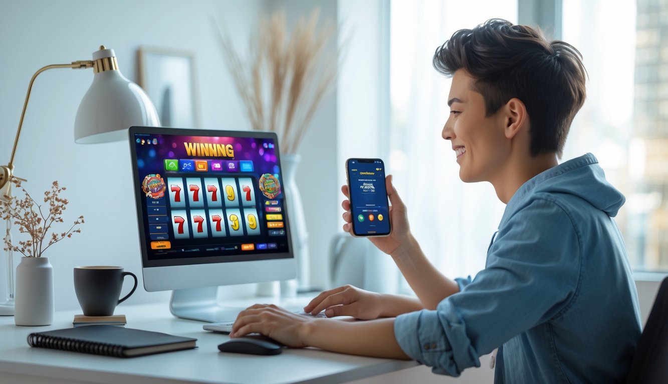 Seorang dewasa muda sedang duduk di depan laptop dengan permainan slot online di layar, tersenyum sambil memegang ponsel dengan notifikasi kemenangan, di meja terdapat kopi dan buku catatan.