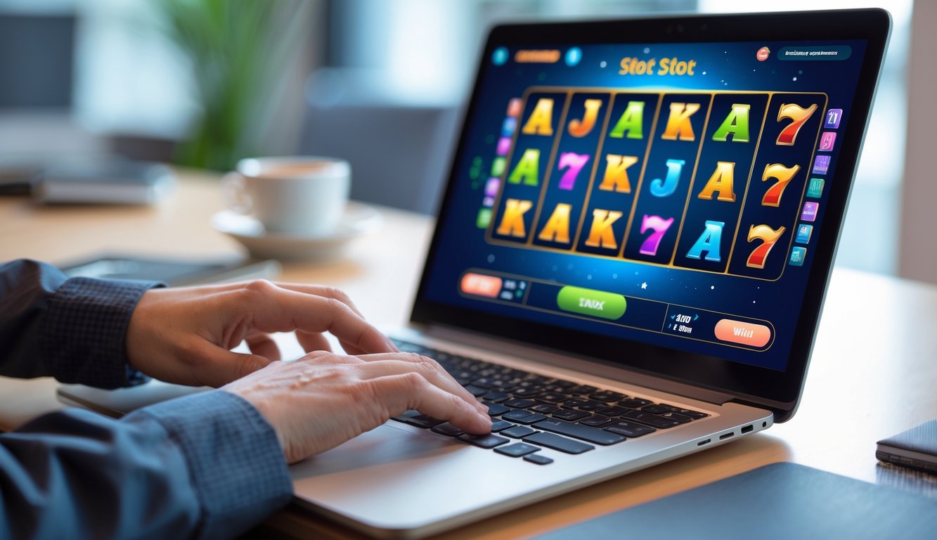 Seorang pengguna bermain judi slot online di depan komputer dengan tampilan permainan slot yang berwarna-warni.