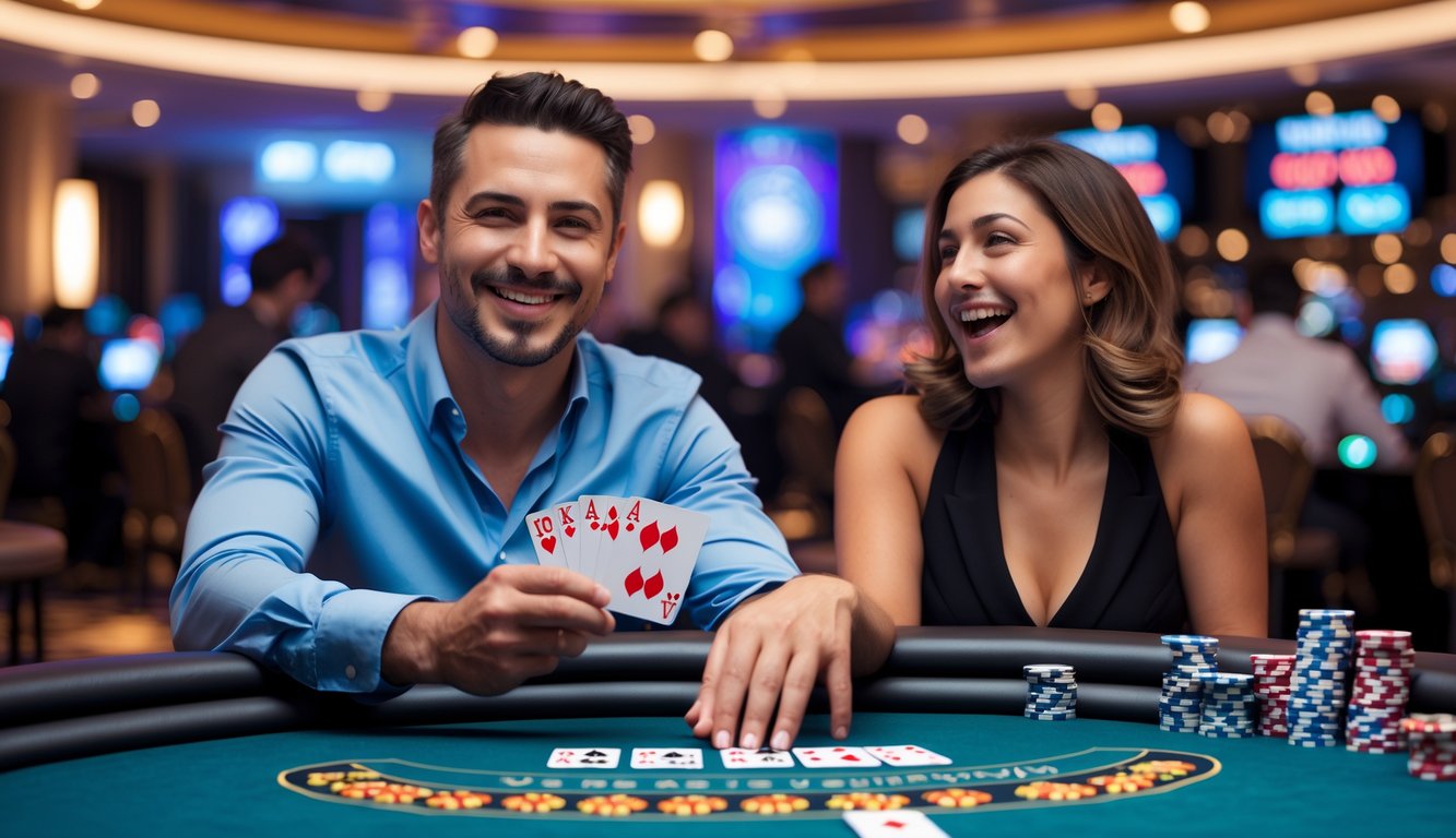 Seorang pria dan wanita duduk di meja poker dengan tumpukan chip dan kartu, terlihat senang dan bersemangat di dalam kasino mewah.