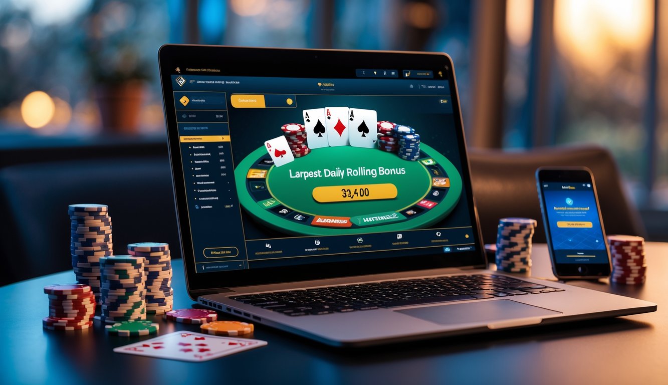 Seorang pemain poker online dengan laptop yang menampilkan permainan poker dan tumpukan chip poker di meja.
