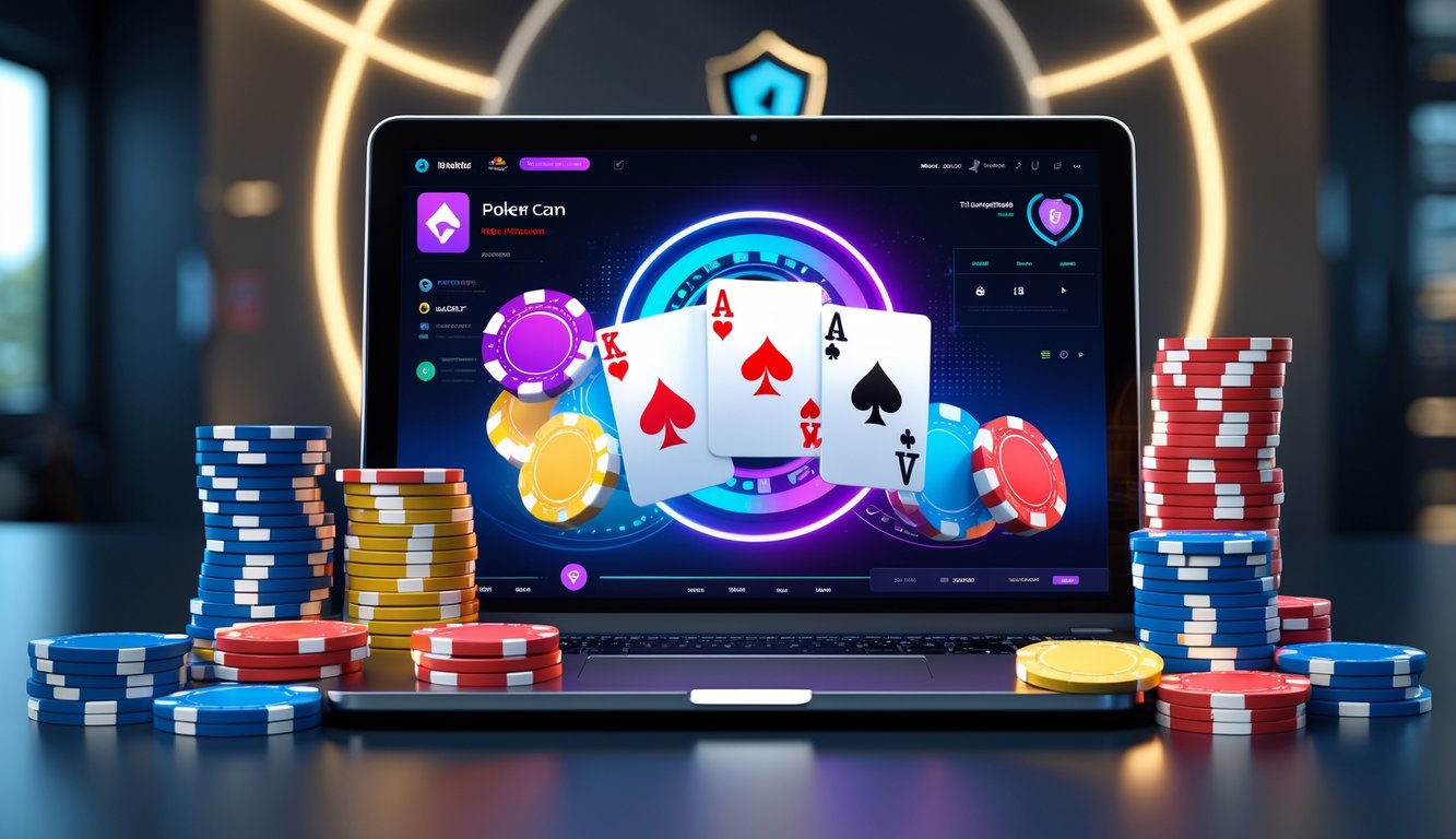 Setup permainan poker online dengan komputer menampilkan kartu dan tumpukan chip poker berwarna-warni di meja.