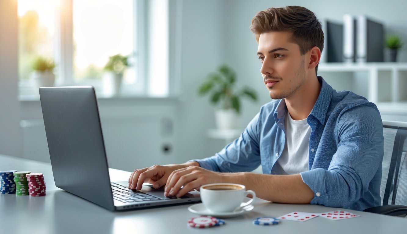 Seorang pria muda duduk di meja dengan laptop bermain poker online, terlihat fokus dan santai di ruang kerja yang terang dan rapi.