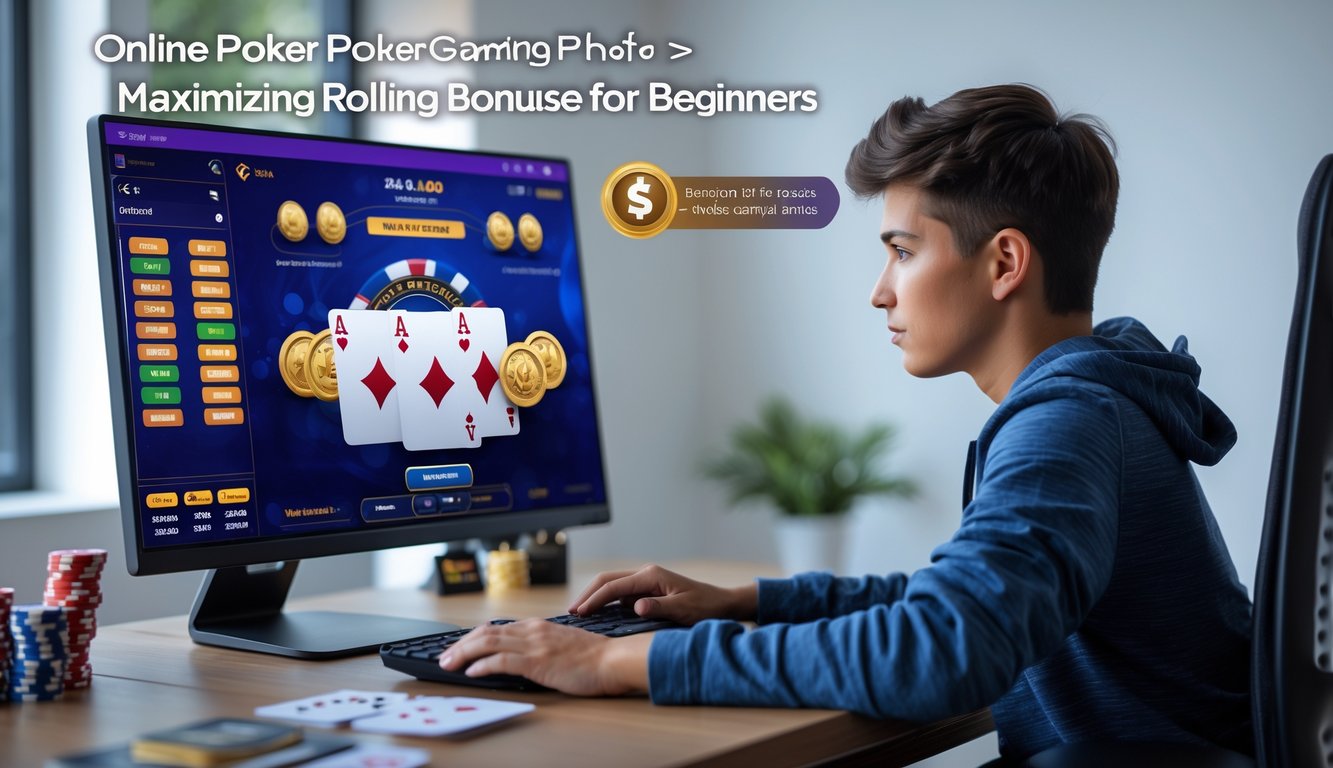Seorang pemain muda duduk di depan komputer dengan layar menampilkan permainan poker online dan tumpukan chip poker di meja.