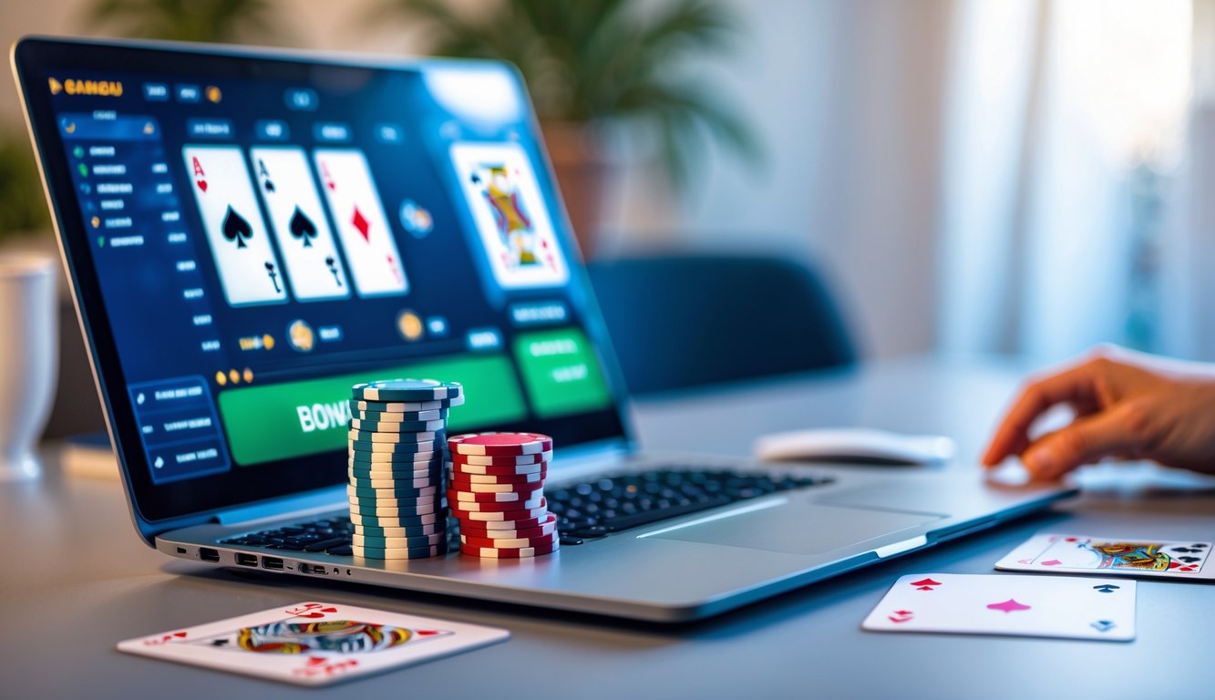 Meja kerja dengan laptop menampilkan permainan poker online, tumpukan chip poker, dan kartu bermain tersebar di atas meja.