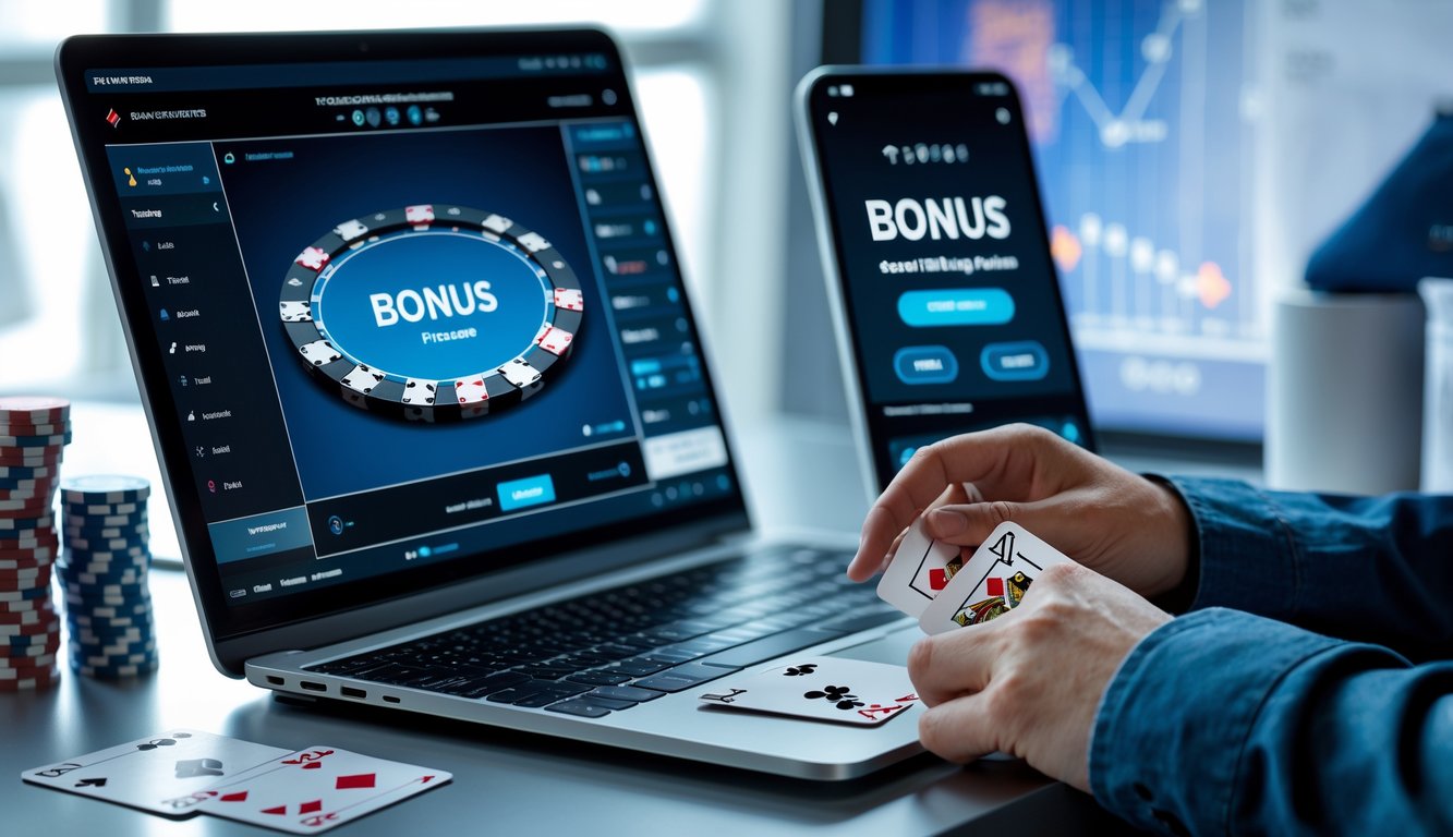 Seseorang sedang bermain poker online dengan laptop dan tumpukan chip poker di meja kerja yang rapi.