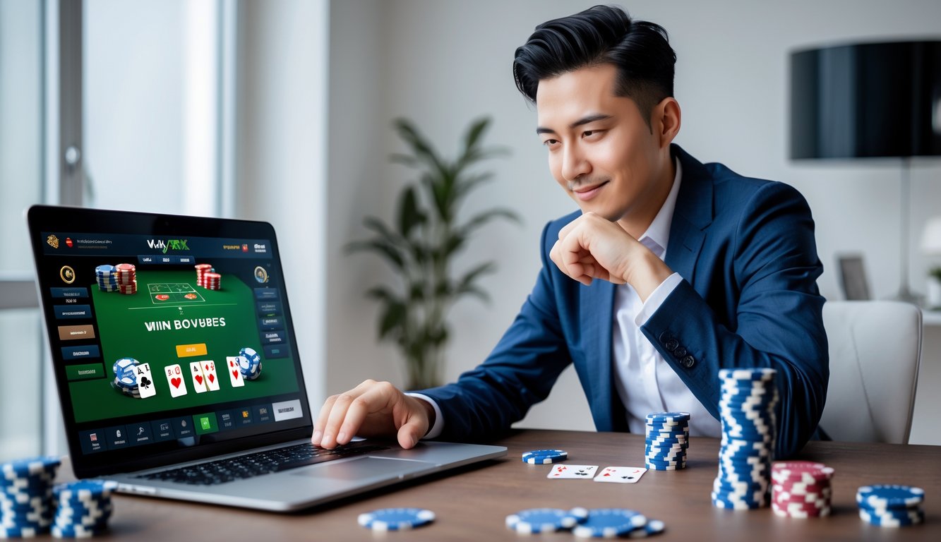 Seorang pemain poker online sedang fokus bermain di depan laptop dengan chip poker dan kartu di atas meja.