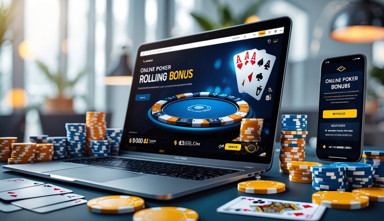 Meja kerja modern dengan laptop yang menampilkan permainan poker online, dikelilingi oleh chip poker dan kartu remi.
