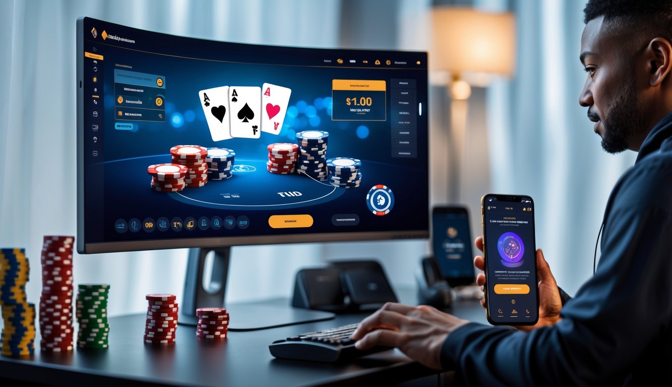 Seorang pemain poker online sedang bermain di depan komputer dengan tumpukan chip poker dan kartu di meja.