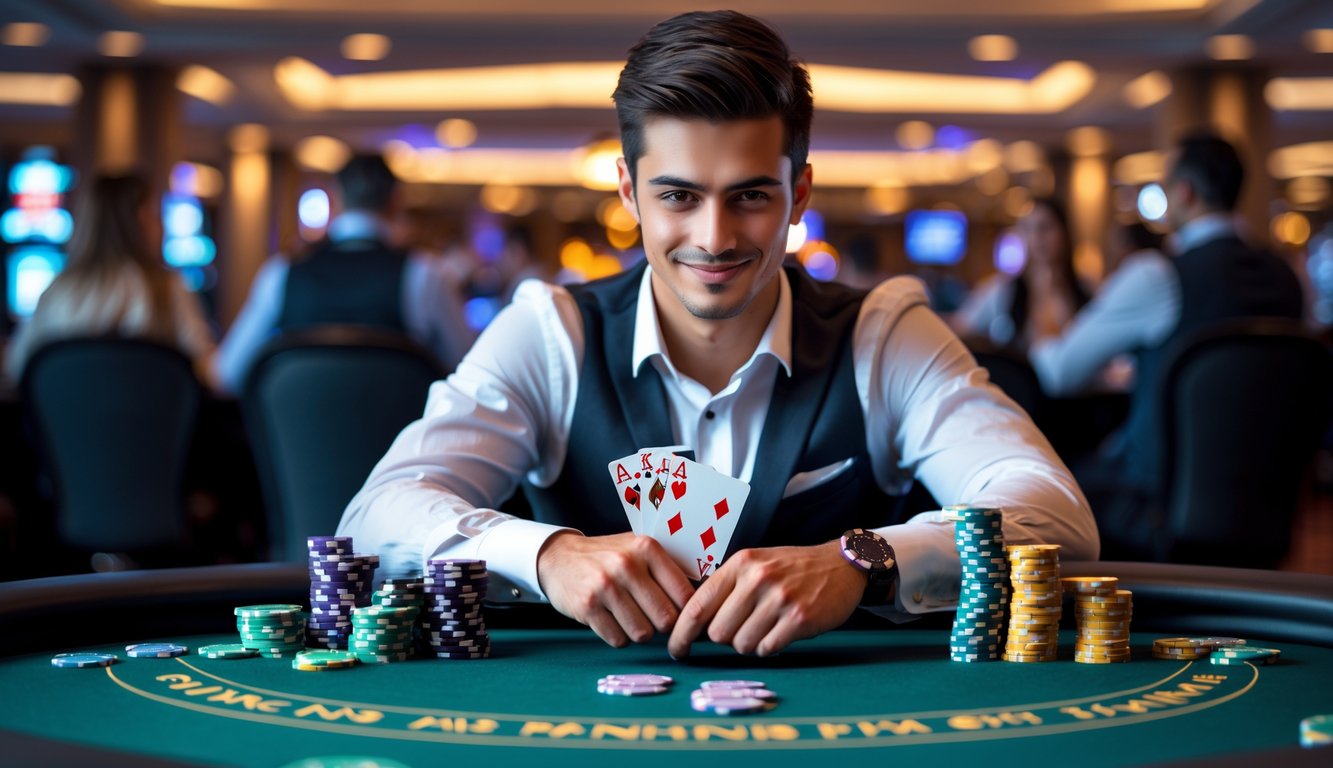 Seorang pria muda duduk di meja poker dengan tumpukan chip besar dan kartu di tangan, di dalam suasana kasino yang mewah.