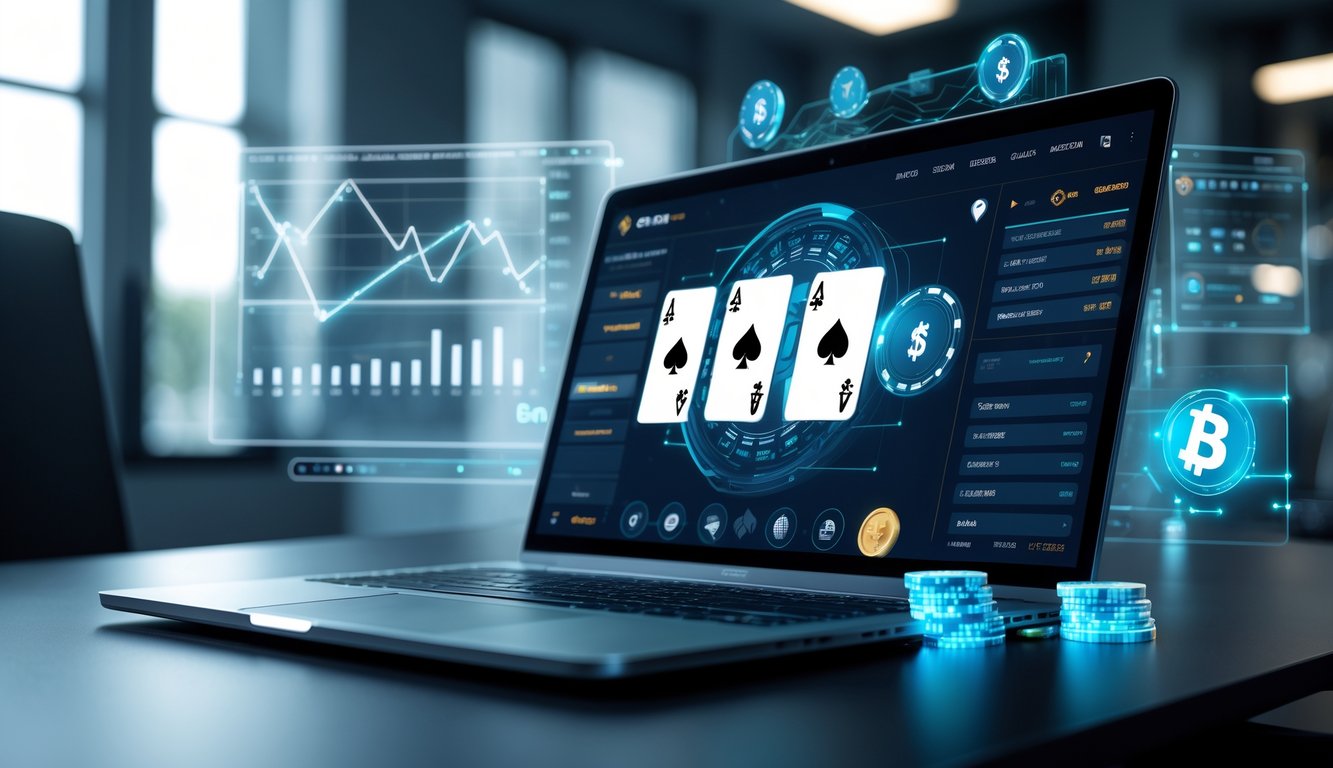 Seorang pria duduk di depan laptop yang menampilkan permainan poker online dengan grafik dan chip digital di layar.