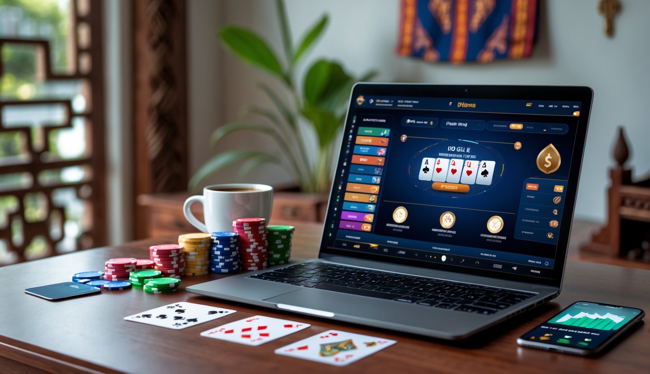 Meja kerja modern dengan laptop yang menampilkan permainan poker, chip poker dan kartu bermain di sampingnya, serta cangkir kopi dan ponsel dengan grafik keuangan, dengan latar belakang elemen budaya Indonesia.