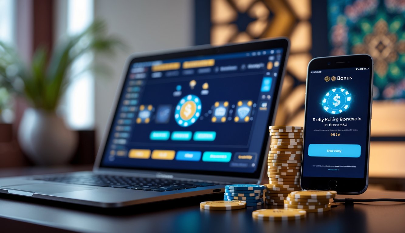 Seorang pria menggunakan laptop dan ponsel dengan tumpukan chip poker di meja, latar belakang memiliki elemen budaya Indonesia yang samar.