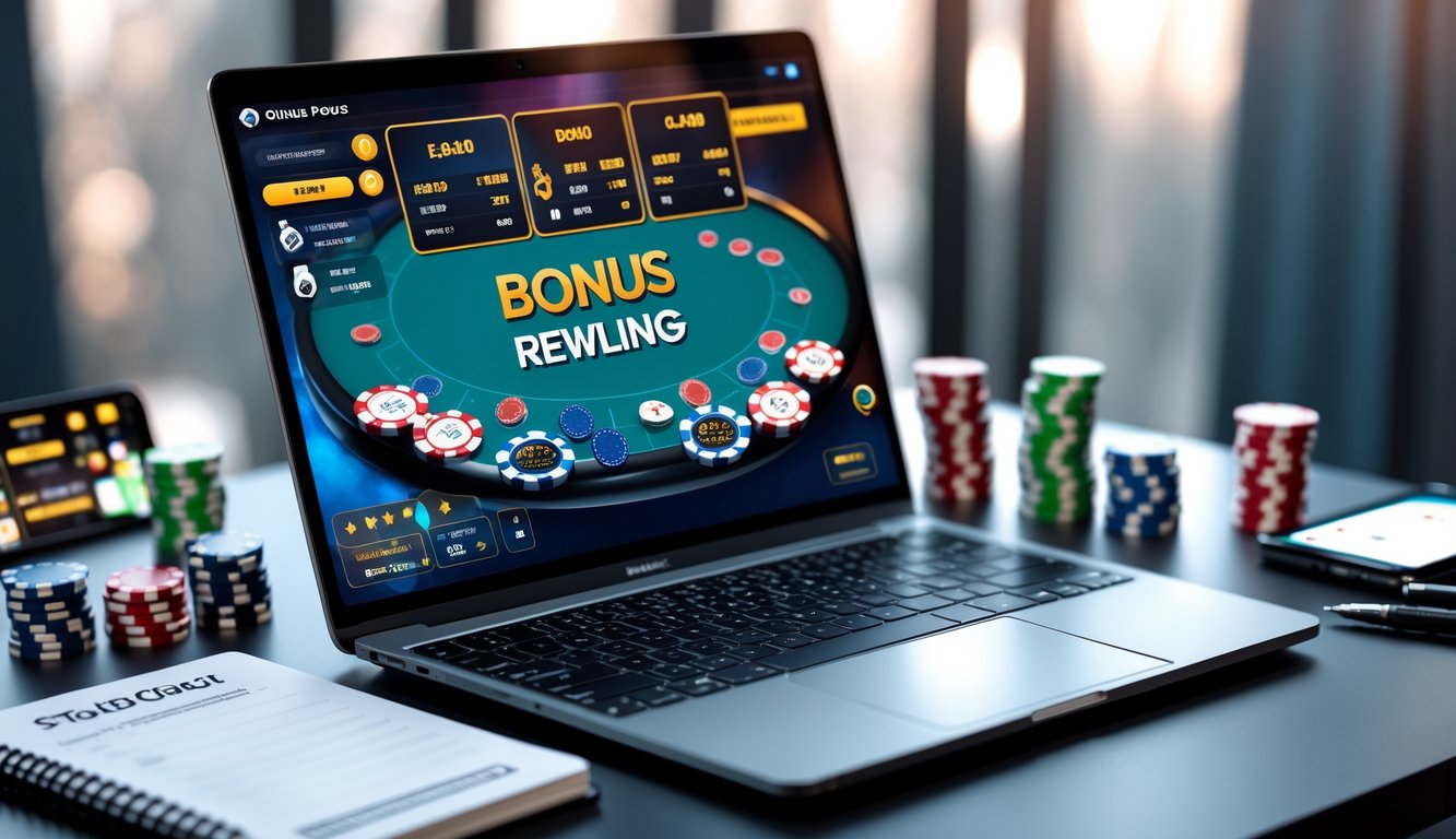Seorang pemain poker online sedang menggunakan laptop dengan tampilan permainan poker dan chip di meja, dikelilingi catatan dan ponsel.