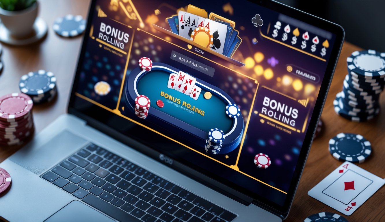 Suasana permainan poker online dengan laptop menampilkan permainan poker, tumpukan chip poker, kartu, dan ponsel di atas meja.