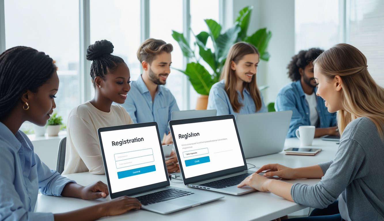 Beberapa orang muda menggunakan laptop dan ponsel di kantor terang untuk mendaftar dan masuk ke platform online dengan suasana tenang dan aman.