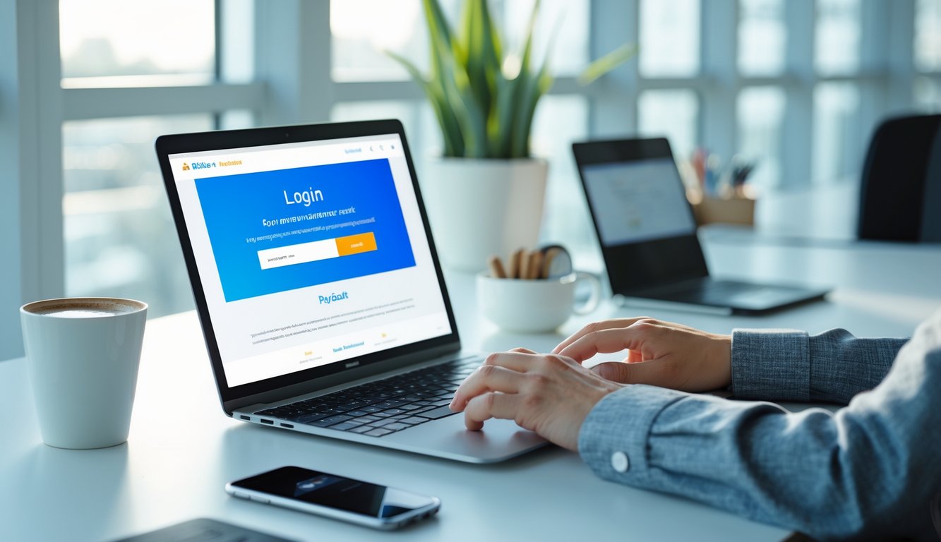 Meja kerja modern dengan laptop yang menampilkan halaman login, tangan seseorang sedang mengetik, dan beberapa alat tulis di sekitar.