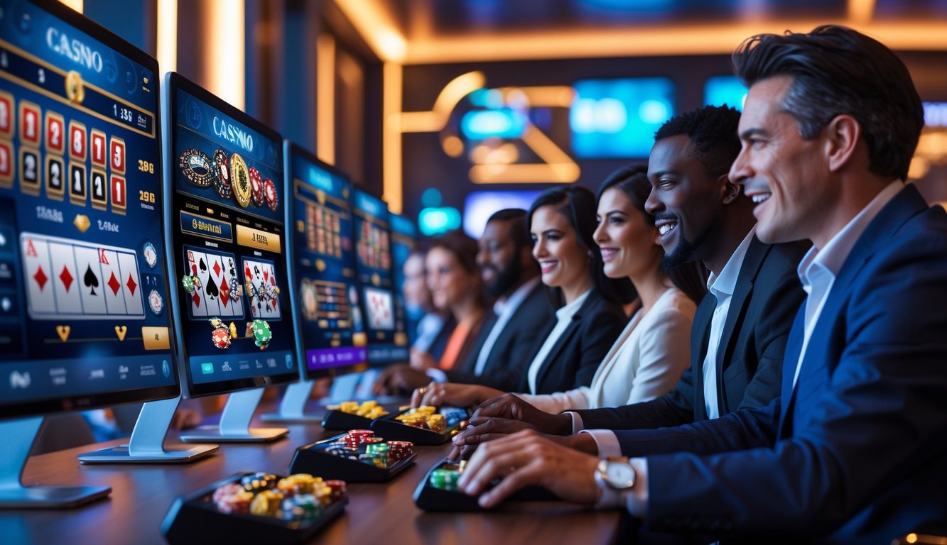 Beberapa orang dewasa sedang bermain permainan kasino online di sebuah ruangan modern dengan layar komputer yang menampilkan permainan kasino.