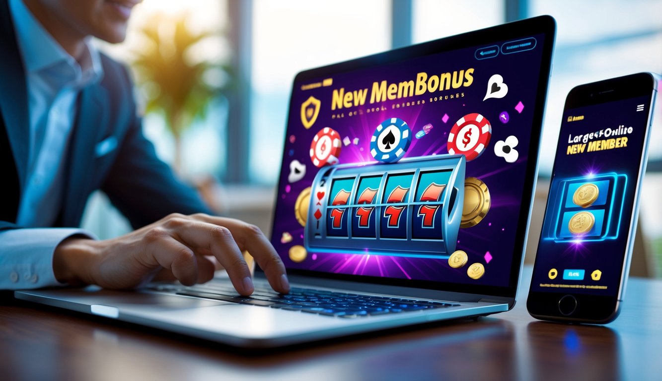 Seseorang menggunakan laptop dan ponsel dengan tampilan permainan judi online di meja kerja yang rapi dan terang.